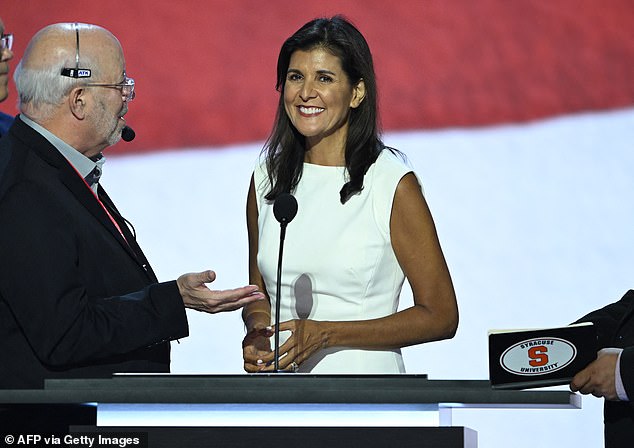 Former President Donald Trump's rival Nikki Haley conducts a sound check on stage at the Republican National Convention in Milwaukee, Wisconsin on Tuesday afternoon