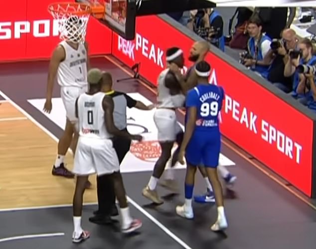 Evan Fournier from France put his hands on the throat of his German opponent, Dennis Schroder