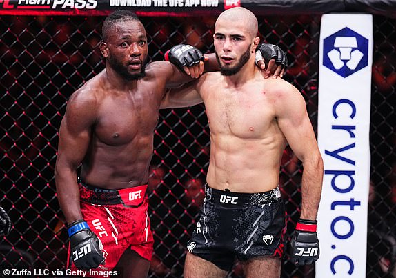 MANCHESTER, ENGLAND - JULY 27: (L-R) Manel Kape of Angola and Muhammad Mokaev of Russia react after a flyweight bout during the UFC 304 event at Co-op Live on July 27, 2024 in Manchester, England. (Photo by Chris Unger/Zuffa LLC via Getty Images)