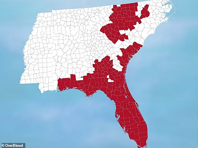 Above is a map from OneBlood of the U.S. counties where the organization has donation centers in Florida, Georgia, and the Carolinas.