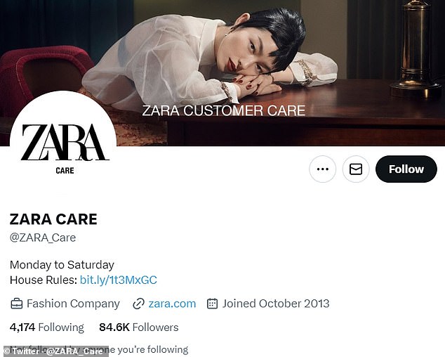 Zara uses an official customer service account (pictured) to respond to complaints, but scammers are now misleading X users into believing they are the legitimate account