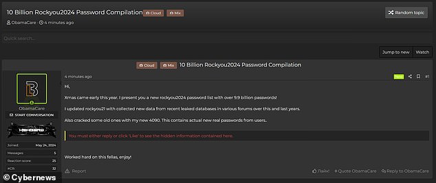 The user, who goes by the name ObamaCare, used 8.4 billion passwords from a previous criminal forum released in 2021 and cracked 1.5 billion new passwords