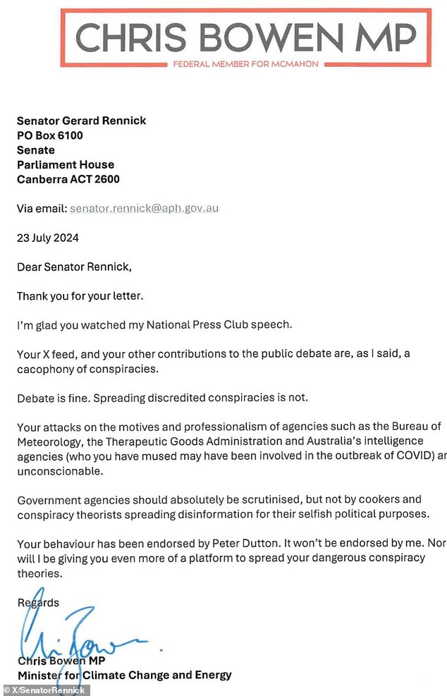 The letter that Climate Change and Energy Minister Chris Bowen sent to Senator Gerard Rennick as part of a shouting match that has broken out between the two