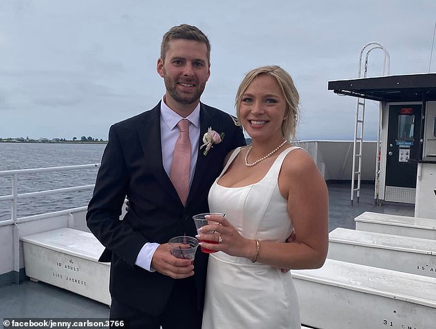 Bride Katrina Thompson and groom Alex Buckman posed for photos as they boarded the boat, not imagining that their guests would later run for the life jackets behind them