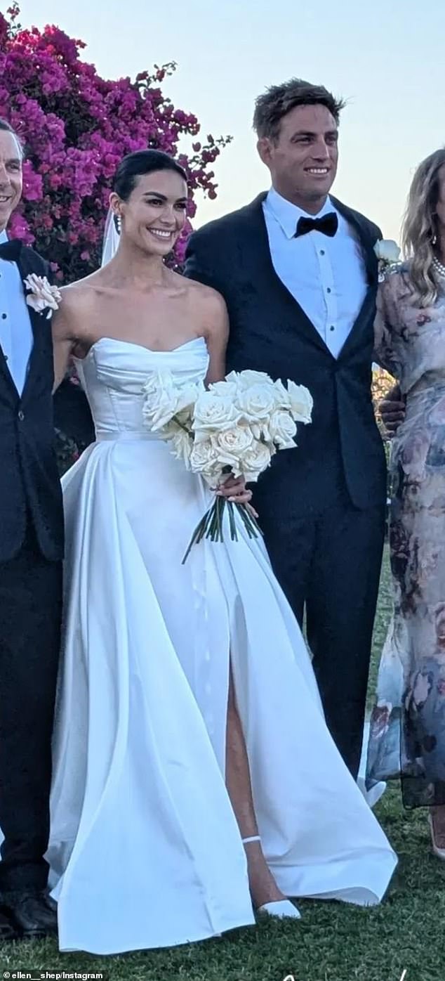 Former West Coast Eagles player Brad Sheppard, 33, (right) married his fiancée Ellen Taylor-Hawkins (left) on Saturday