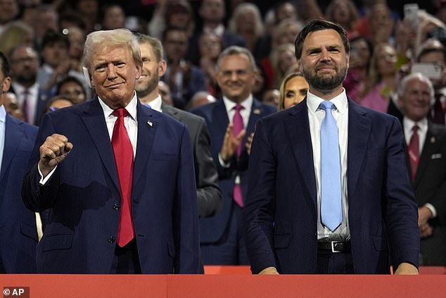 Former President Trump and Senator J.D. Vance of Ohio on Monday, July 15, during the Republican National Convention after Trump earlier in the day announced Vance as his vice presidential pick