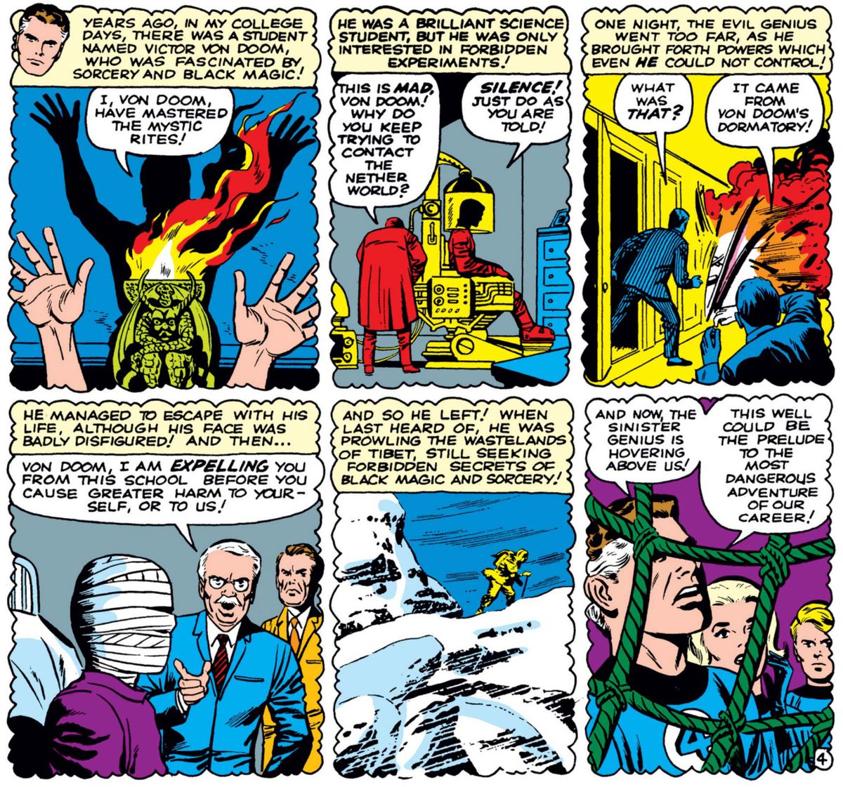 Six panels from Fantastic Four #5 show the origin story of Doctor Doom, who explains: 