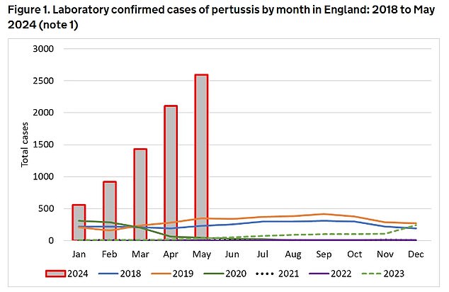 Cases of whooping cough have risen by almost 2,600 in a month amid an outbreak that has terrified parents. Health leaders say Covid lockdowns have fuelled England's unprecedented epidemic of whooping cough, nicknamed the '100-day cough' because it is notoriously hard to shake