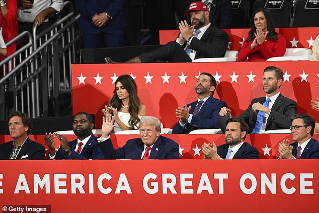 Former President Donald Trump was surrounded by family and key political allies during his appearance at the RNC on Monday night: (from bottom left) Tucker Carlson, Rep. Byron Donaldson, Sen. J.D. Vance, House Speaker Mike Johnson (from top left) Kimberly Guilfoyle, Donald Trump Jr. and Eric Trump