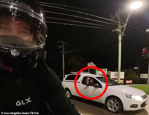 The motorcyclist (pictured) and her passenger were both shocked and could not believe the driver was behaving in such a way, deliberately driving slowly so that she had no choice but to overtake him.