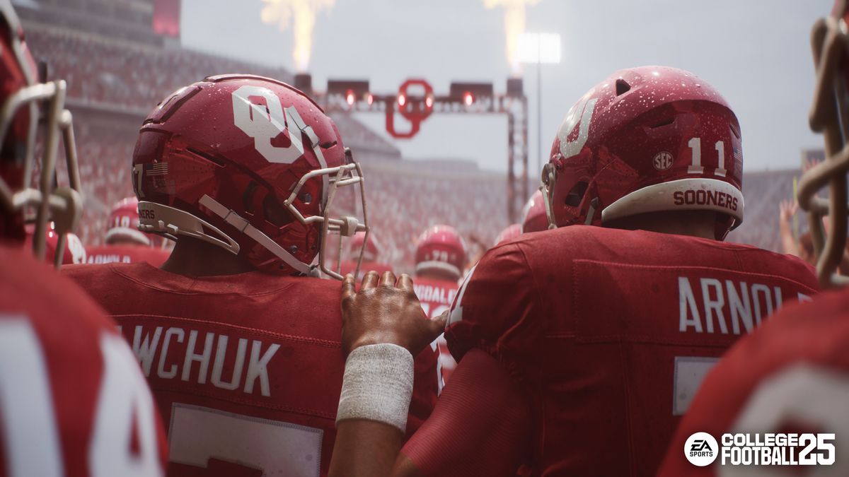 Oklahoma Sooners' Gavin Sawchuk and Jackson Arnold walk onto the field at the Palace on the Prairie in a screenshot from EA Sports College Football 25