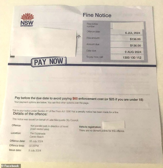 Newcastle resident Amy Sloane was left furious after a parking attendant fined her $136 (pictured) for a 'five-minute' detention