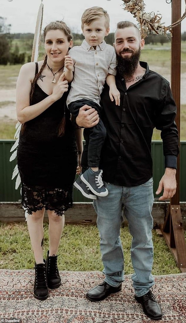 Eli Eyb, 32, was confined to bed for a week after contracting influenza A at his son's seventh birthday party on the second weekend of July (pictured with his partner Skye and son Seth)