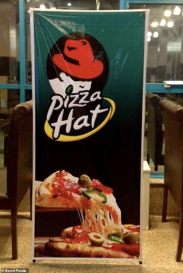 People from around the world have been sharing the most bizarre counterfeit brands they've ever seen, including a Pizza Hat restaurant spotted in Iran, with a logo that looks very similar to that of a British pizza chain.