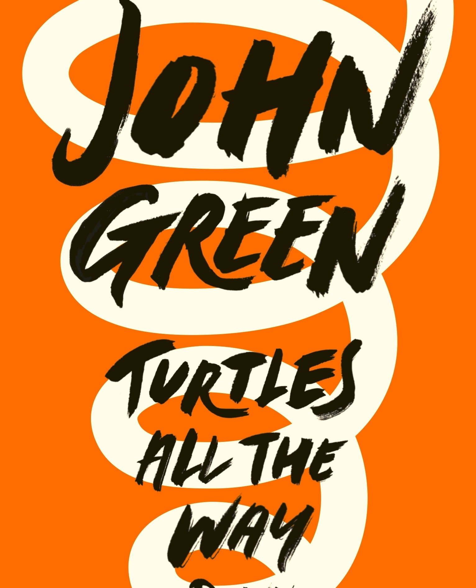 The cover of Turtles All the Way Down, featuring a white spiral on a bright orange background