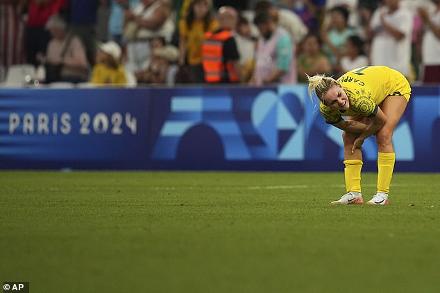 The early elimination is a major setback after the highs of last year's Women's World Cup (pictured, Ellie Carpenter reacts to the loss)