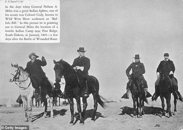 American scout and Indian warrior William Cody (left) with U.S. General Nelson A. Miles and two other horsemen near Pine Ridge, South Dakota, a few days after the massacre at Wounded Knee.