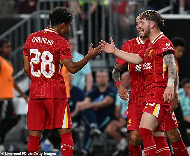 Fabio Carvalho celebrates with Harvey Elliott after taking second of the night