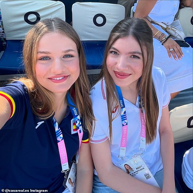 Princess Leonor, 18, and her younger sister Infanta Sofia put on a glamorous display at the Games and were pictured laughing and chatting as they watched beach volleyball.