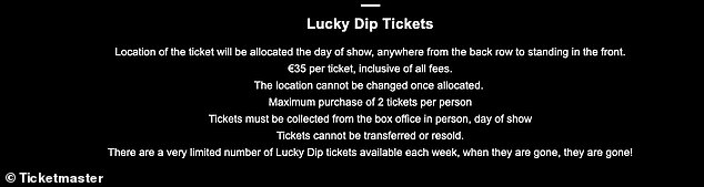 But the concertgoer only knows on the day of the performance where he or she will sit or stand, according to the conditions on the site (see photo)