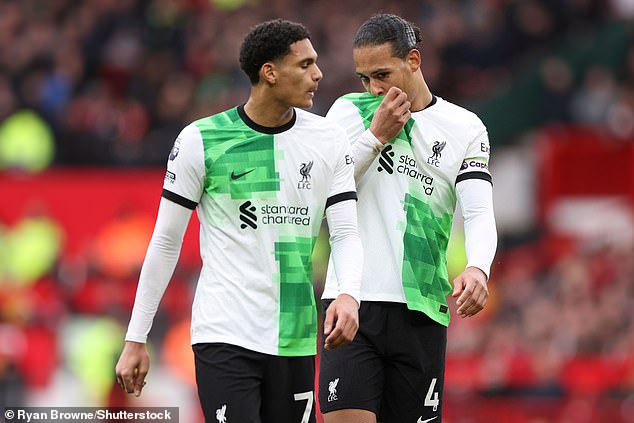 Quansah pictured next to Virgil van Dijk (right) during a match against Man United last season