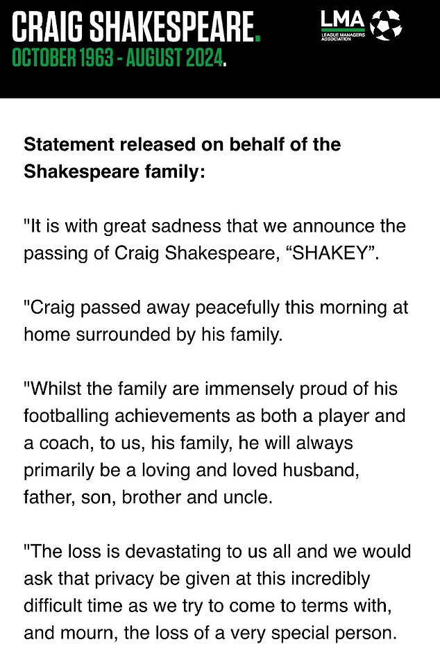 A statement released by the LMA on behalf of Shakespeare's family shared the tragic news