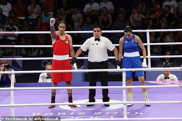 Khelif (left) won the women's welterweight match when Angela Carini (right) surrendered the match after 46 seconds