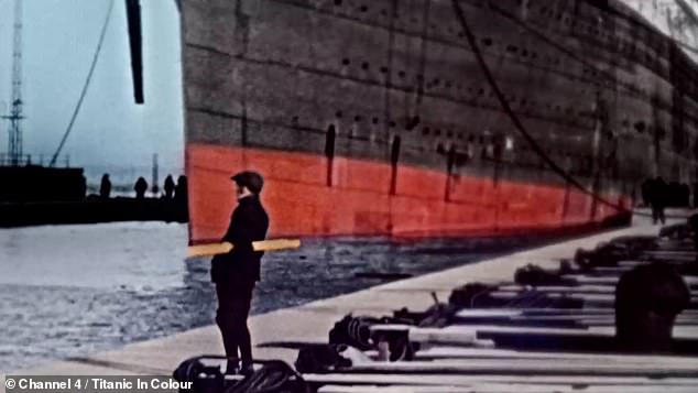 Photos of a man standing next to the Titanic show the ship's enormous size