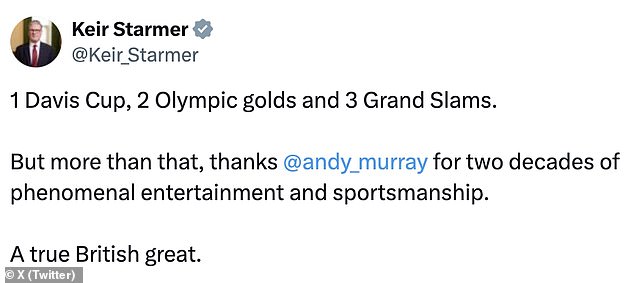 British Prime Minister Sir Keir Starmer responded to Murray's resignation by praising him via X