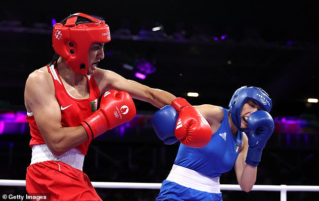 Khelif (left) made light work of Italy's Angela Carini, beating her in 46 seconds in their round of 16 fight at the Paris Olympics (pictured)