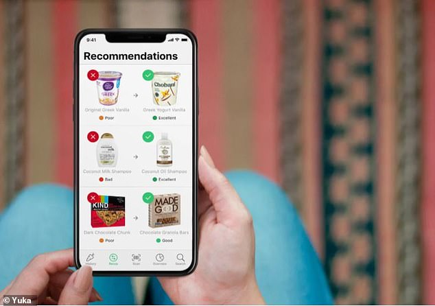 Scan the barcode of a food or cosmetic product and you will receive a score from 1 to 100 based on the amount of chemicals and additives it contains (pictured: Yuka app)