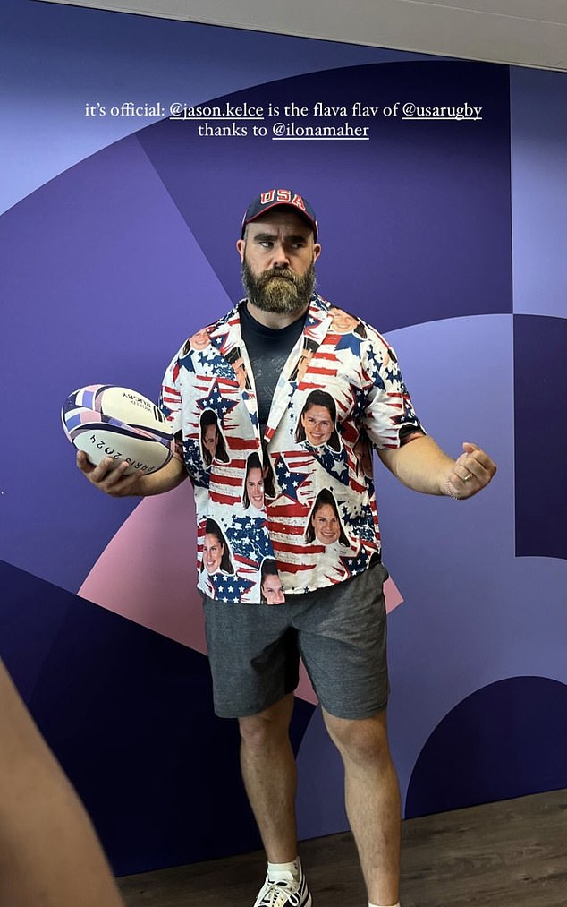 Kelce wore a shirt with Ilona Maher's face printed on it at the Olympics on Tuesday