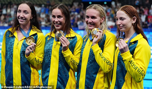 The Australian quartet won gold ahead of the US and China in the 4x200m freestyle relay at the La Defense Arena (Pallister is pictured on the left)