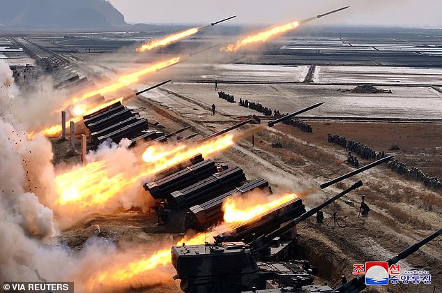 The Korean People's Army conducts an artillery fire exercise in March