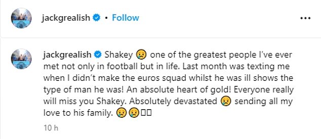 The 28-year-old said on Instagram: 'Shakey, one of the best people I've ever met, not only in football but in life'