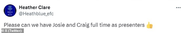 After a series of funny camera angles and close-ups of their lively movements, fans took to social media to express their love for Josie and Craig as presenters, urging bosses to bring them together more often.