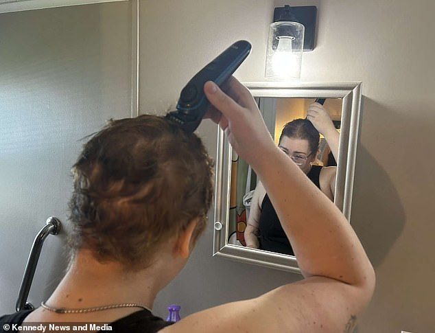 Hodgkin lymphoma occurs when infection-fighting white blood cells called B lymphocytes multiply abnormally and collect in certain parts of the lymphatic system. Pictured is Ms. Falk shaving her head during her first round of chemotherapy.