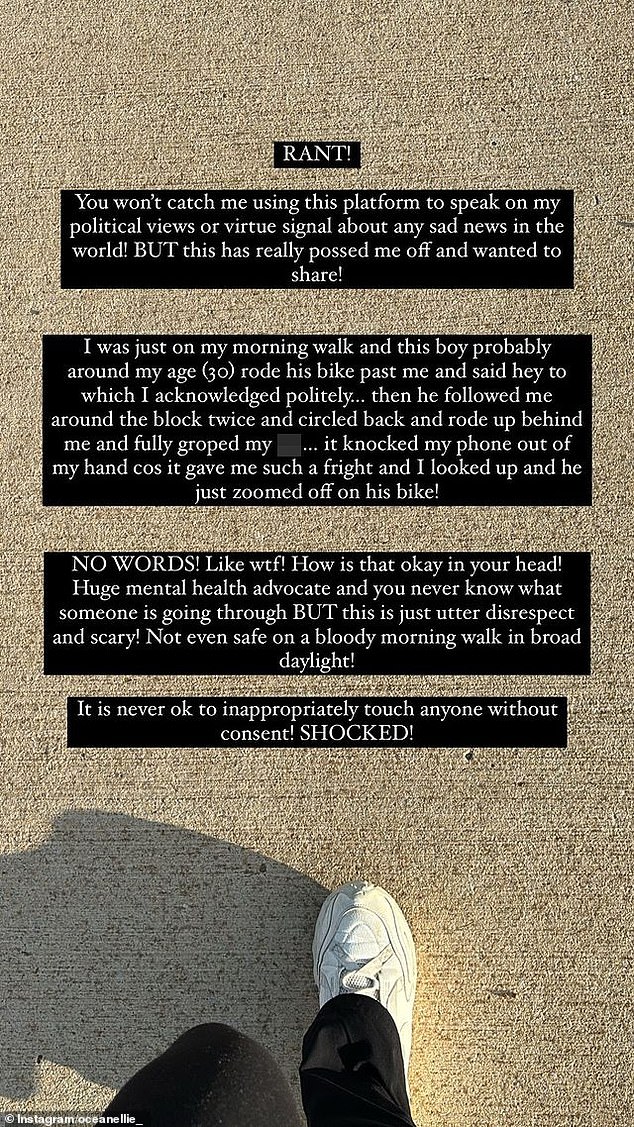 She posted a 'rant' on her Stories, explaining that a man allegedly followed her on his bike before approaching her and grabbing her butt without consent