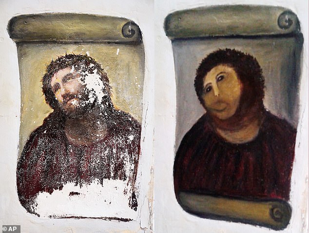 Cecilia Martine's handiwork on the 1910 painting Ecce Homo (Behold the Man), pictured left, went viral after her restoration was named Beast Jesus, pictured right