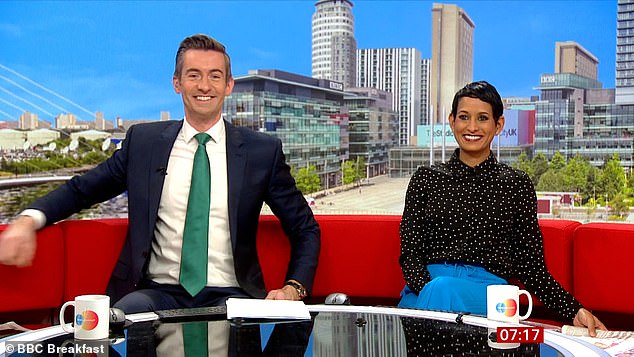 Naga Munchetty playfully lashed out at her co-star Carol Kirkwood on BBC Breakfast in March (pictured with Ben Thompson)