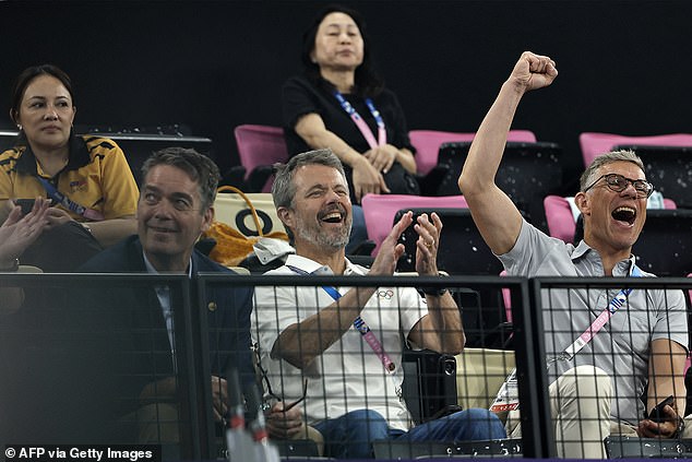 Frederik opted for casual summer clothes, as he shone in a white Olympic polo shirt and jeans