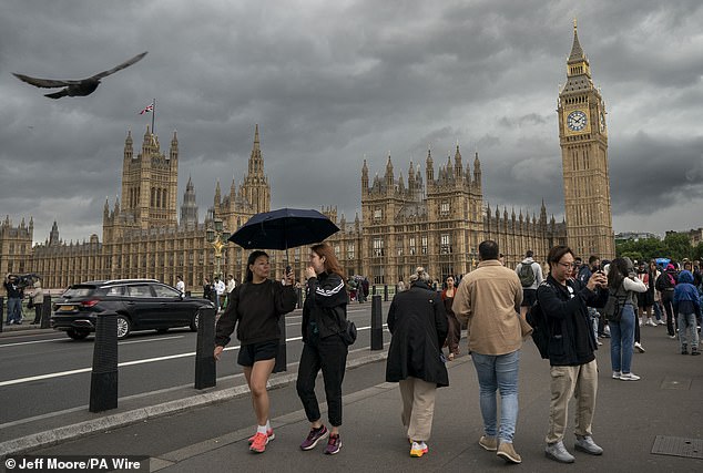 While the first two weeks were particularly cold, temperatures rose briefly in the third week, while the last week of the month saw the highest temperature of the year so far. Pictured: Westminster Bridge on 7 July