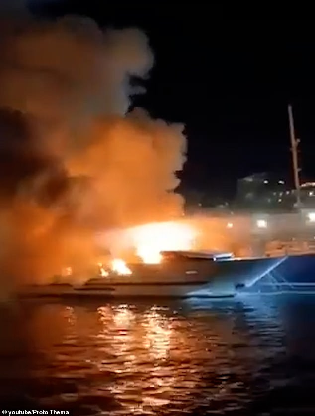 Images from the scene at night show the water covered in foam used to extinguish the flames, as floating fire engines throw water at the still smoking wrecks