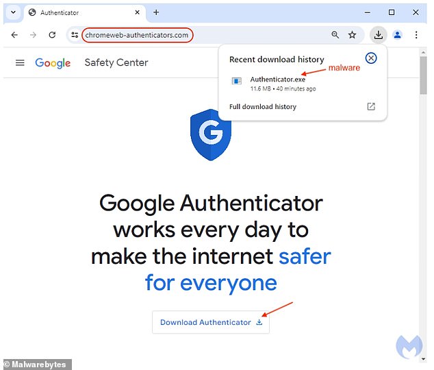 After users clicked the 'download' button, they were presented with a pop-up named Authenticator.exe that downloaded the malware onto their computer