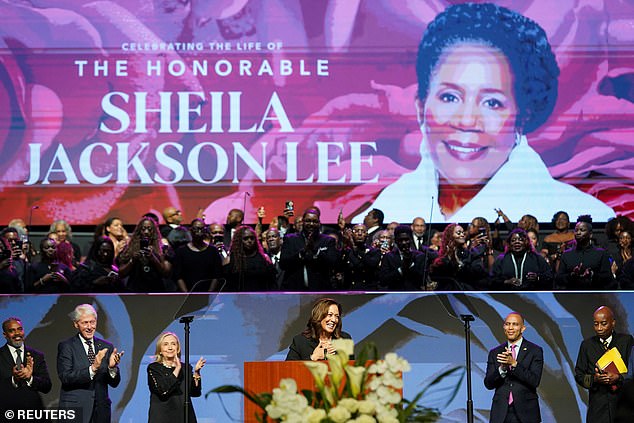 Harris received a standing ovation when she took the stage at Fallbrook Church in Houston to honor the late congresswoman