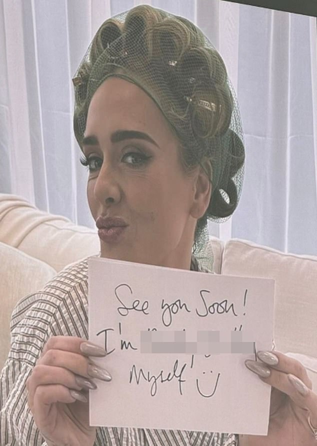 Adele posted a photo of herself wearing rollers and admitted she gets herself into trouble as fans anxiously queue for the star's highly anticipated concert to make a huge appearance in Munich