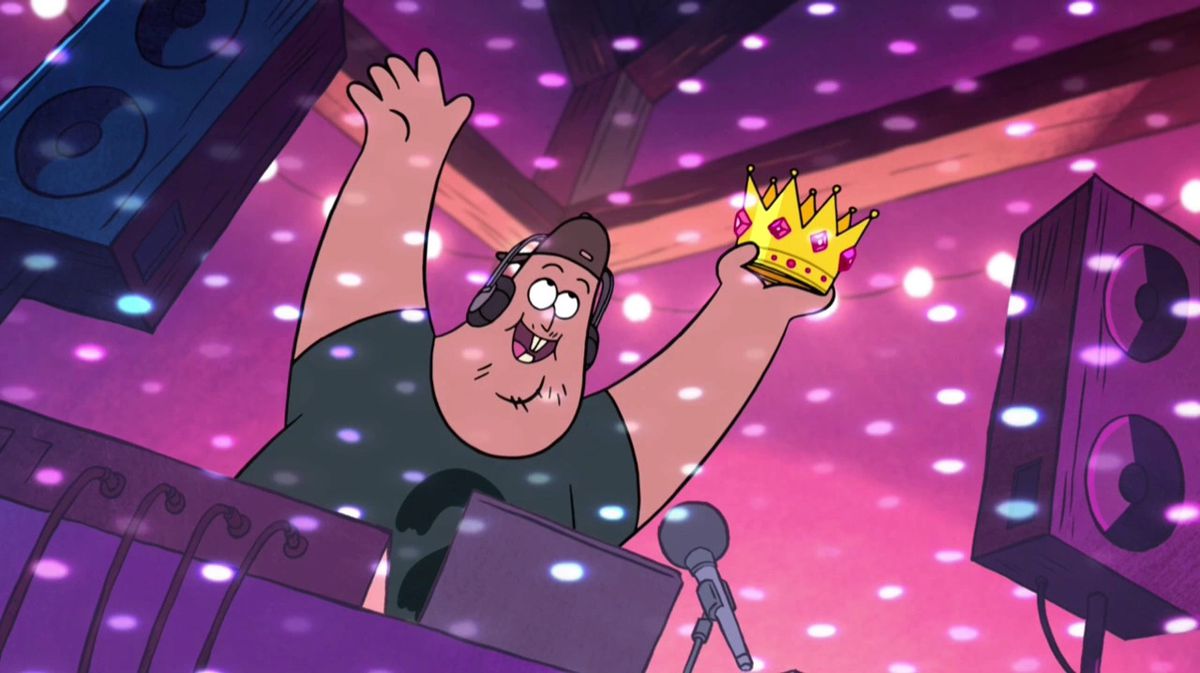 Like at a DJ booth, his arms raised and holding a crown. He looks elated. 