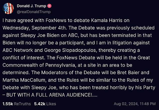 1722666100 395 Trump says hes agreed to Fox News debate with Kamala