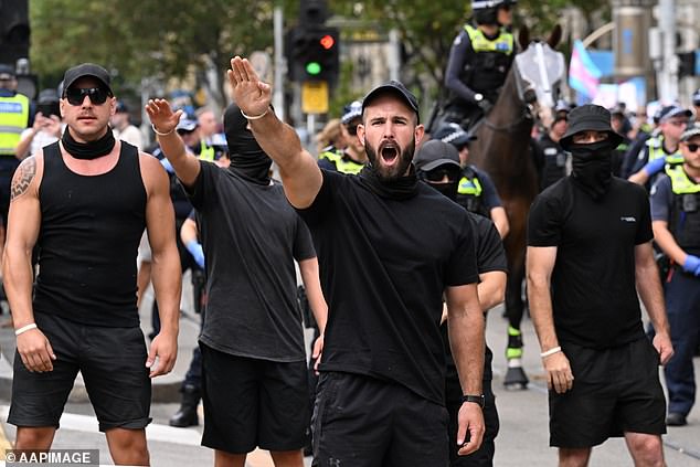 Thomas Sewell (pictured centre front), who founded the European Australian Movement, is a popular participant at new Nazi rallies and marches