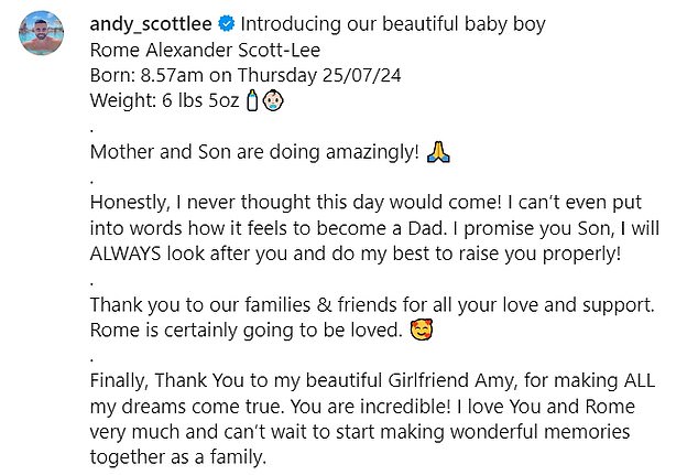 He wrote: 'Mother and son are doing great. Honestly I never thought this day would come! I can't even put into words what it feels like to become a father.'